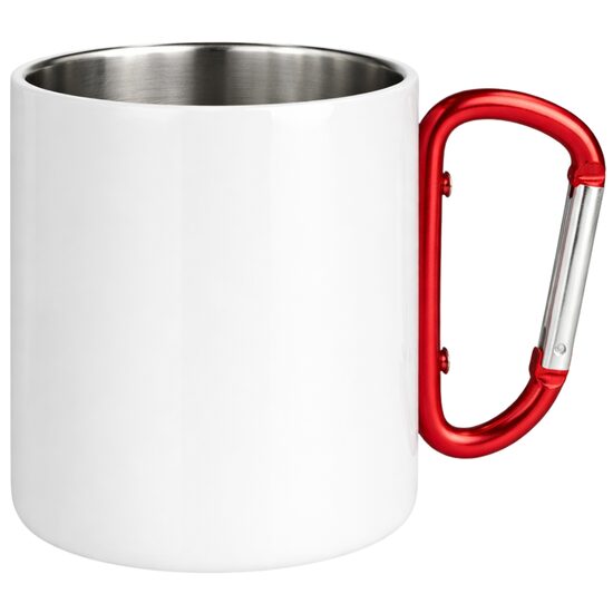 300 ml Sublimation stainless steel mug with red carabiner handle and box (white)