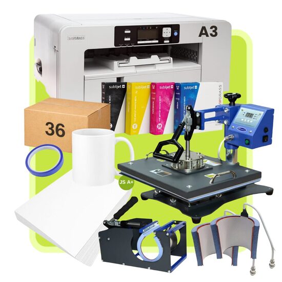 COMBO 3-in-1 Sublimation Heat press 30 x 38 cm + A3 Virtuoso SG1000 Sublimation Gel printer with a Set Inks - All-in-One Sublimation Starter Kit
