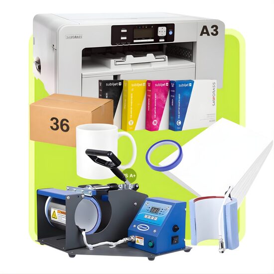 Horizontal 2 in 1 Digital Mug Heat Press - Bivolt JTSB04 + A3 Virtuoso SG1000 Sublimation Gel printer with a Set Inks - Sublimation Starter Kit
