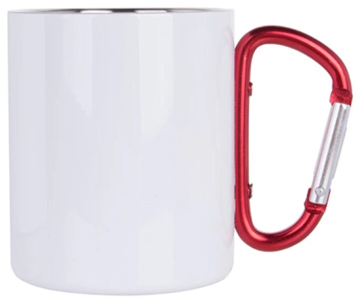 300 ml Sublimation stainless steel mug with red carabiner handle and box (white)