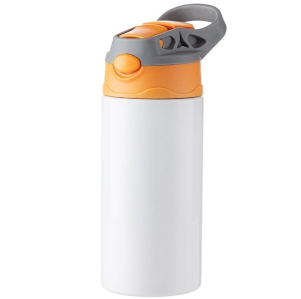 360 ml Nerūsējošā tērauda sublimācijas pudele bērniem ar silikona salmiņu, zilu vāciņu un kasti (oranža/pelēka)