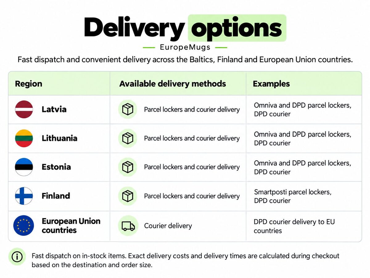EuropeMugs delivery options in Latvia – DPD parcel lockers, Omniva parcel lockers, DPD courier and warehouse pickup in Riga